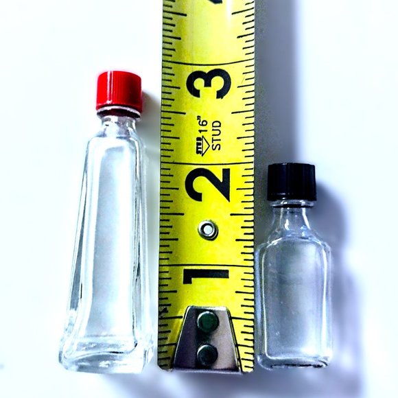 Vintage Set of 2 MINI Glass Collector Bottles ~ Red & Black Plastic Screw Caps - Picture 6 of 10